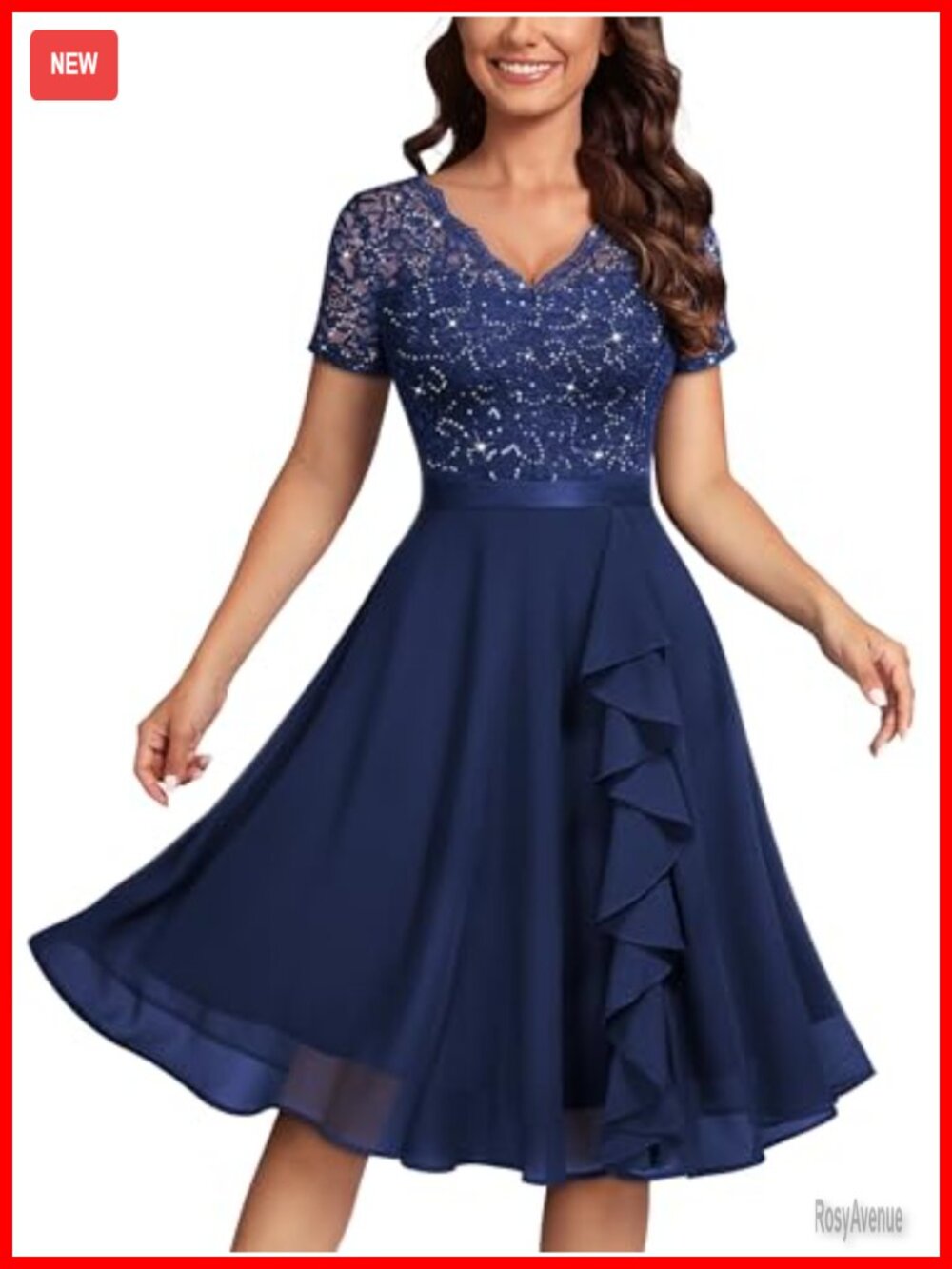 Sequin Lace A-Line Cocktail Party Dress with V-Neck and Ruffle Hem